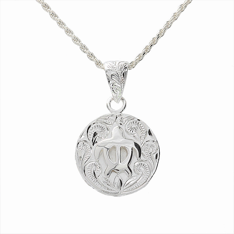 Sterling Silver Honu (Turtle) Raised Scroll Plate Circle Pendant (Chain Sold Separately)