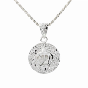 Sterling Silver Honu (Turtle) Raised Scroll Plate Circle Pendant (Chain Sold Separately)