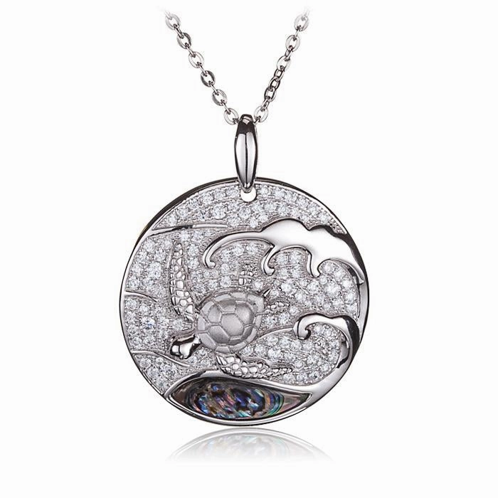 Sterling Silver Honu (Turtle) with Abalone Inlaid Wave in Circle Pave CZ Pendant (Chain Sold Separately)