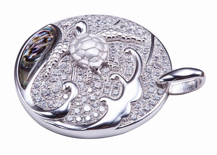 Sterling Silver Honu (Turtle) with Abalone Inlaid Wave in Circle Pave CZ Pendant (Chain Sold Separately)
