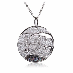 Sterling Silver Honu (Turtle) with Abalone Inlaid Wave in Circle Pave CZ Pendant (Chain Sold Separately)