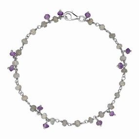 Sterling Silver Labradorite Amethyst 4mm Bead Chain Link Bracelet