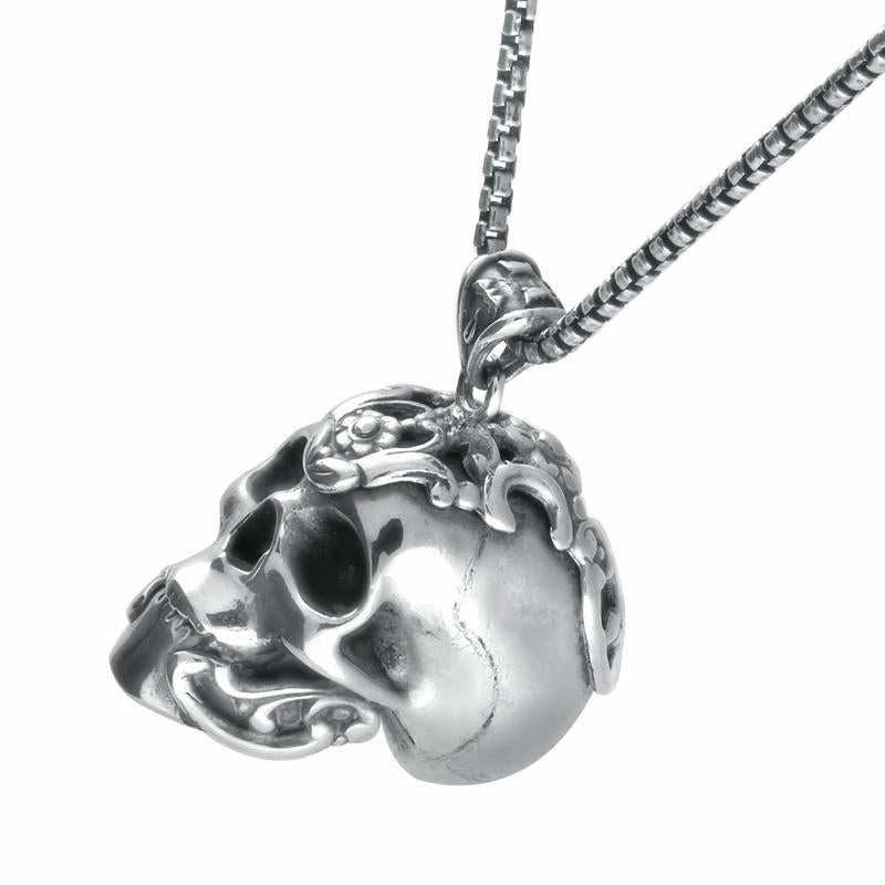Sterling Silver Large Skull With Fancy Armour Necklace