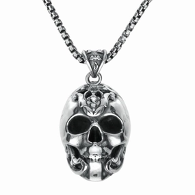 Sterling Silver Large Skull With Fancy Armour Necklace