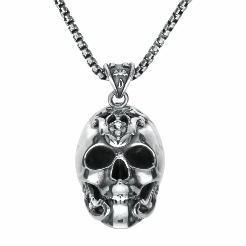 Sterling Silver Large Skull With Fancy Armour Necklace