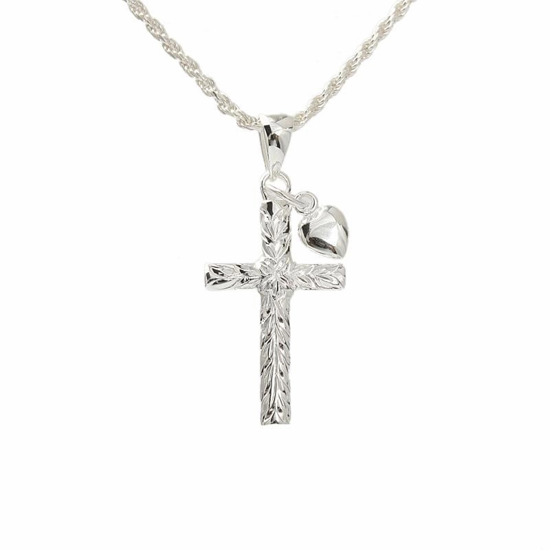 Sterling Silver Maile Leaf Cross with Heart Pendant (Chain Sold Separately)
