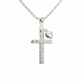 Sterling Silver Maile Leaf Cross with Heart Pendant (Chain Sold Separately)