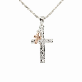 Sterling Silver Maile Leaf Cross with Pink Gold Plated Cross Pendant (Chain Sold Separately)