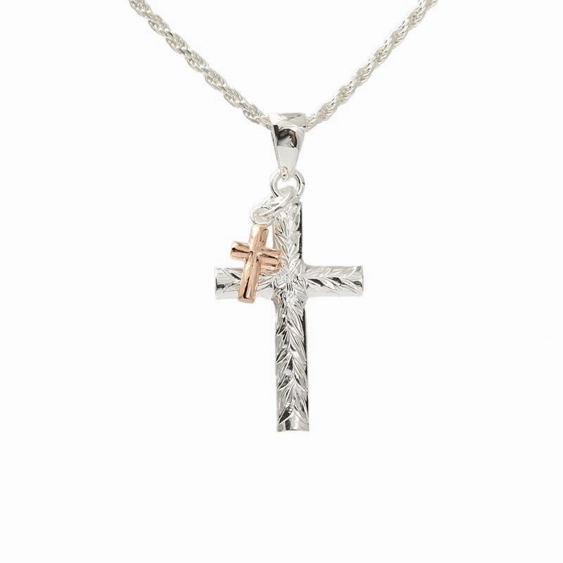 Sterling Silver Maile Leaf Cross with Pink Gold Plated Cross Pendant (Chain Sold Separately)