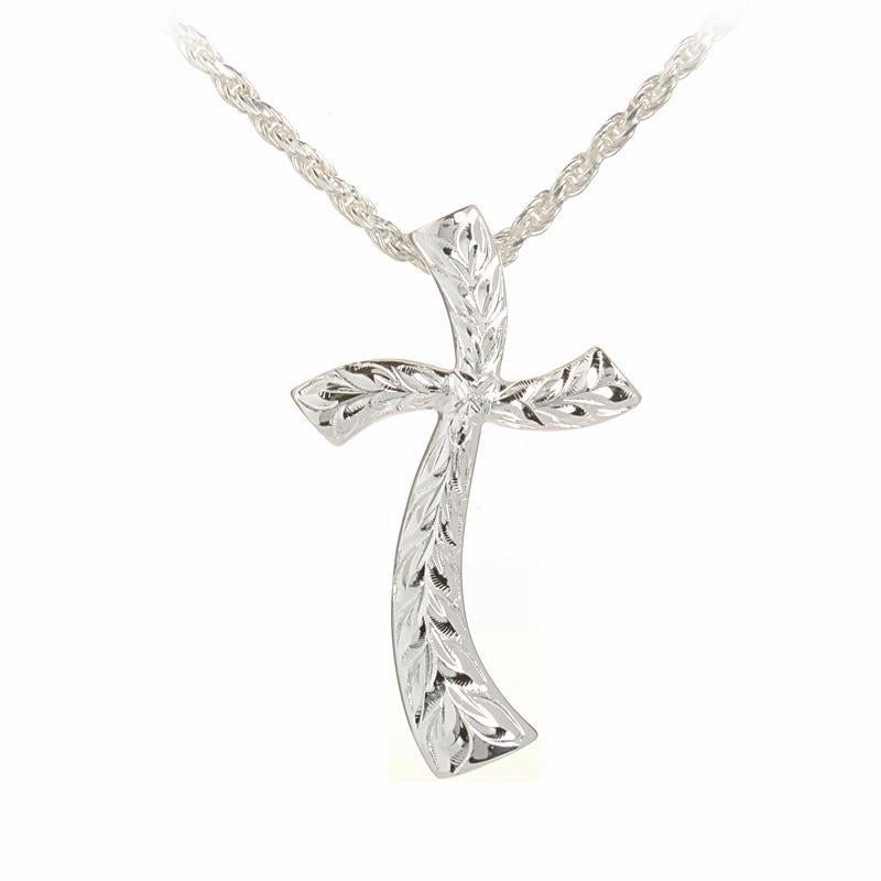 Sterling Silver Maile Leaf Wave Cross Pendant (S/L) (Chain Sold Separately)