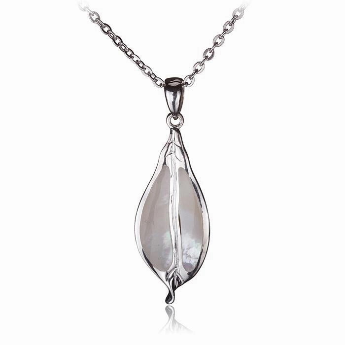 Sterling Silver Maile Leaf with Mother-of-Pearl Inlaid Pendant (Chain Sold Separately)