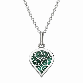 Sterling Silver Malachite Flore Filigree Small Heart Necklace