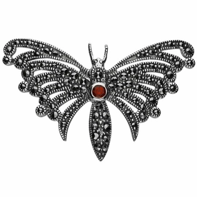 Sterling Silver Marcasite Garnet Style & Fashion Butterfly Brooch