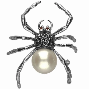Sterling Silver Marcasite Pearl Garnet Style & Fashion Large Spider Brooch
