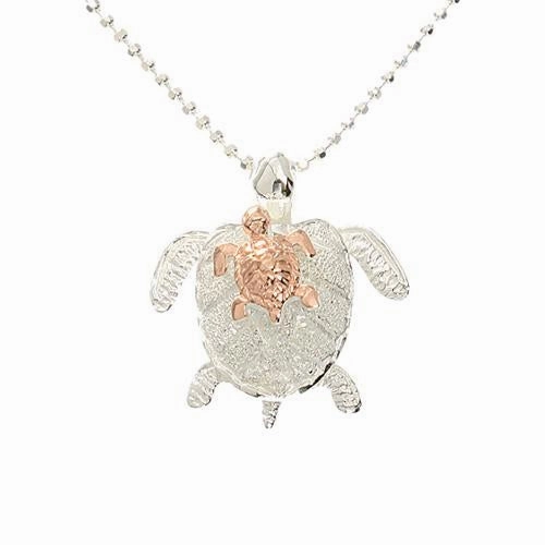 Sterling Silver Mom and Pink Gold Plated Baby Honu (Turtle) Sandblast Finish (Chain Sold Separately)