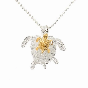 Sterling Silver Mom and Yellow Gold Plated Baby Honu (Turtle) Sandblast Finish Pendant (Chain Sold Separately)