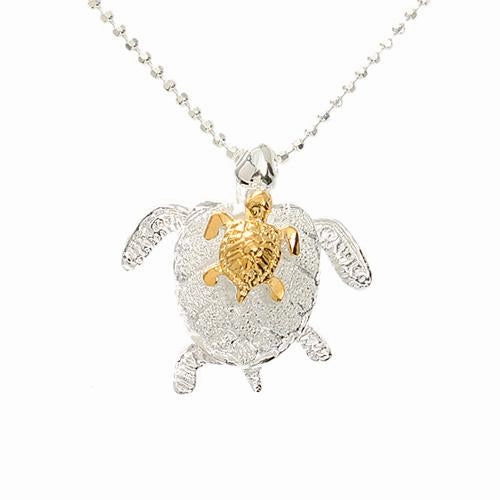 Sterling Silver Mom and Yellow Gold Plated Baby Honu (Turtle) Sandblast Finish Pendant (Chain Sold Separately)