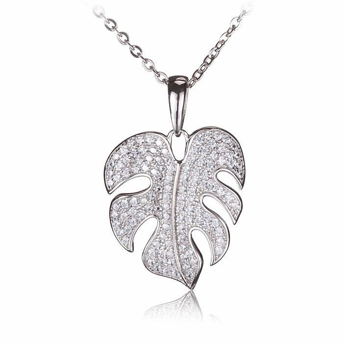 Sterling Silver Monstera Pave CZ Pendant (Chain Sold Separately)