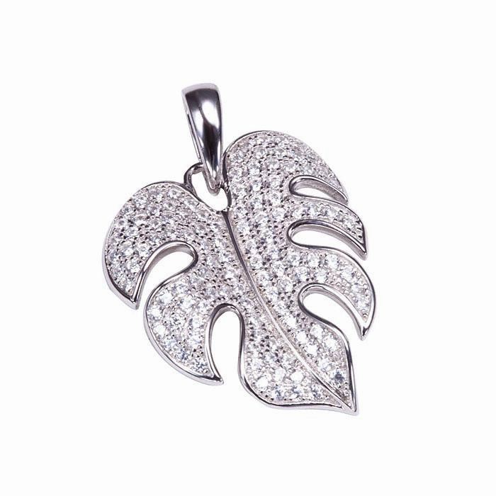 Sterling Silver Monstera Pave CZ Pendant (Chain Sold Separately)