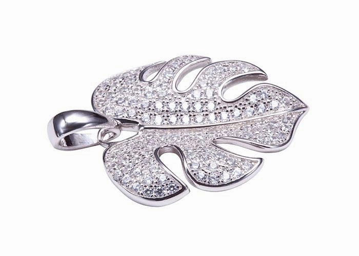 Sterling Silver Monstera Pave CZ Pendant (Chain Sold Separately)