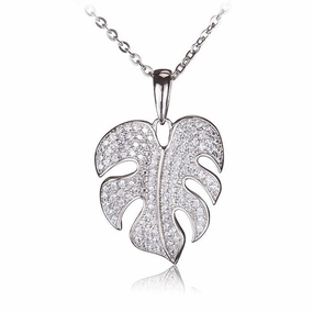 Sterling Silver Monstera Pave CZ Pendant (Chain Sold Separately)