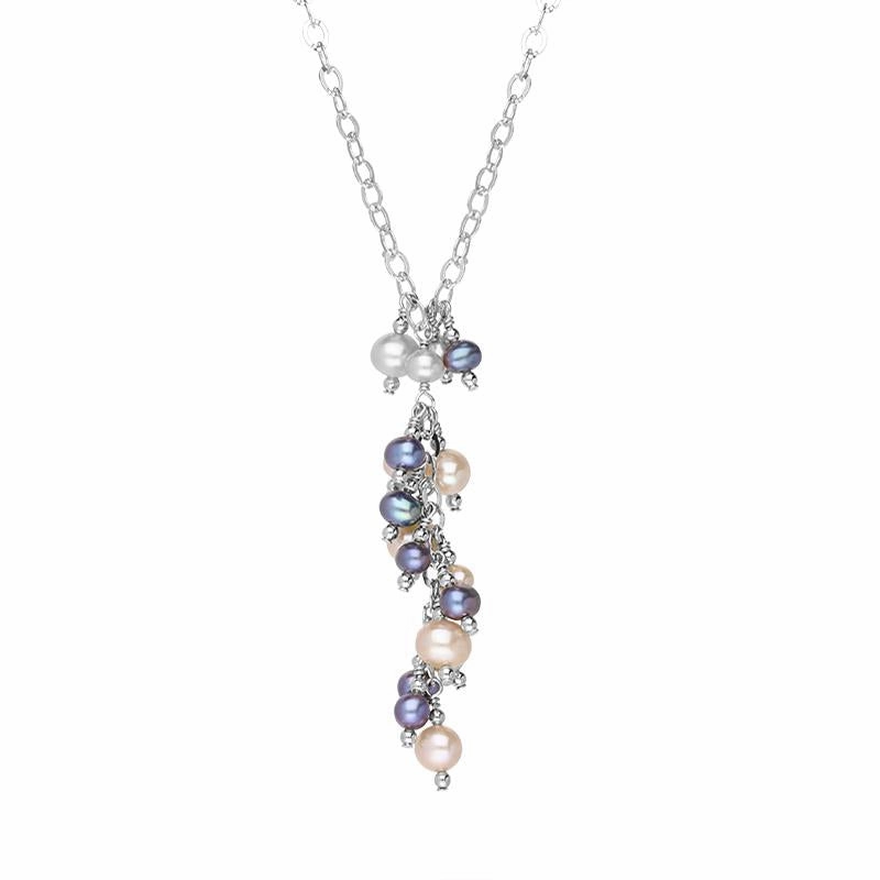 Sterling Silver Multi-coloured Pearl Bead Drop Necklace D
