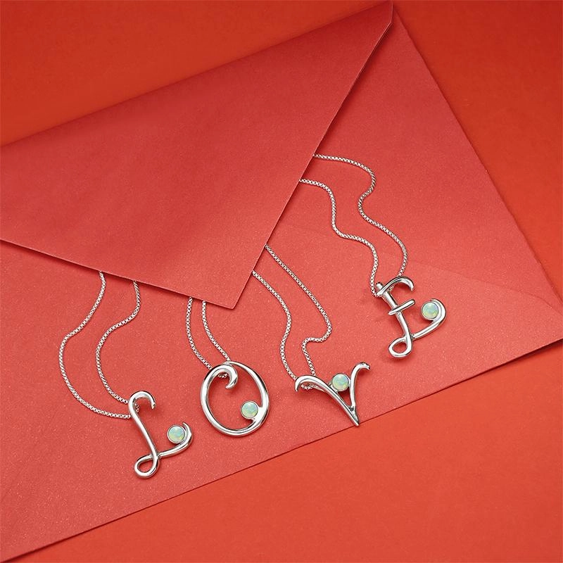 Sterling Silver Opal Love Letters Initial E Necklace