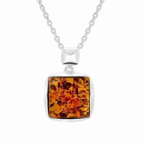 Sterling Silver Orange Amber Square Necklace