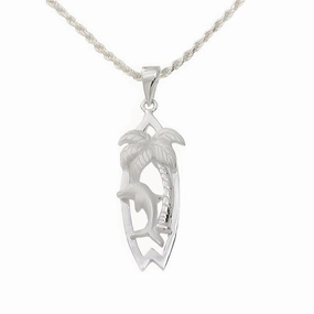 Sterling Silver Palm Tree and Dolphin Surfboard Pendant (Chain Sold Separately)