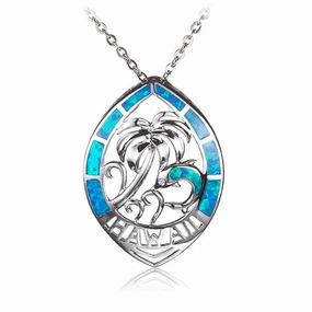 Sterling Silver Palm Tree and Dolphin with Opal Inlaid Pendant (Chain Sold Separately)