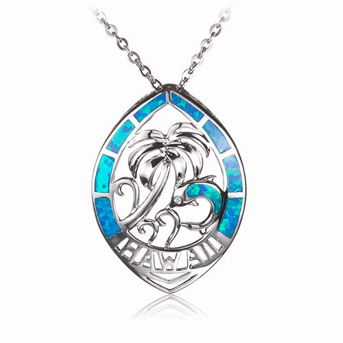 Sterling Silver Palm Tree and Dolphin with Opal Inlaid Pendant (Chain Sold Separately)