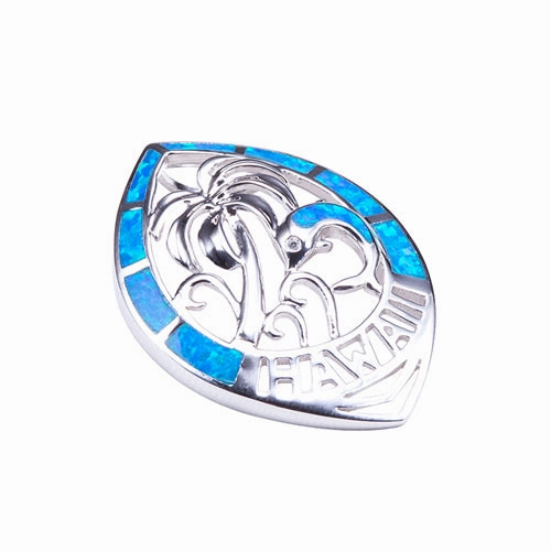 Sterling Silver Palm Tree and Dolphin with Opal Inlaid Pendant (Chain Sold Separately)