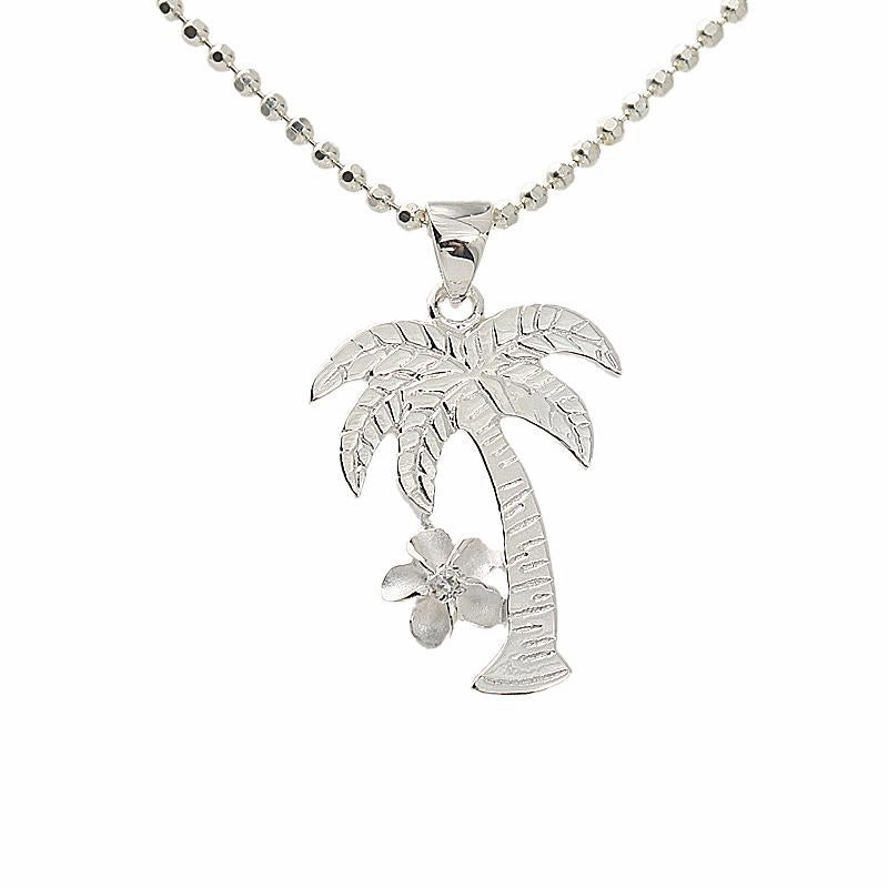 Sterling Silver Palm Tree and Plumeria with CZ Pendant (Chain Sold Separately)