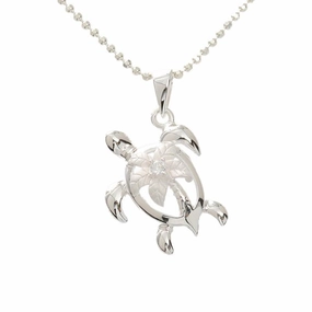 Sterling Silver Palm Tree with CZ in Left Side Honu (Hawaiian Turtle) Pendant (Chain Sold Separately)
