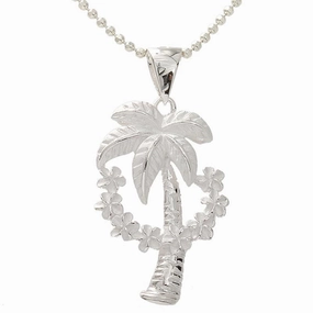 Sterling Silver Palm Tree with Plumeria Lei Pendant (Chain Sold Separately)