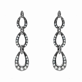 Sterling Silver Pearl and Marcasite Triple Open Oval Drop Earrings