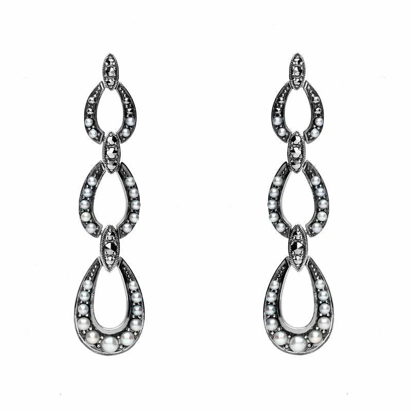 Sterling Silver Pearl and Marcasite Triple Open Oval Drop Earrings
