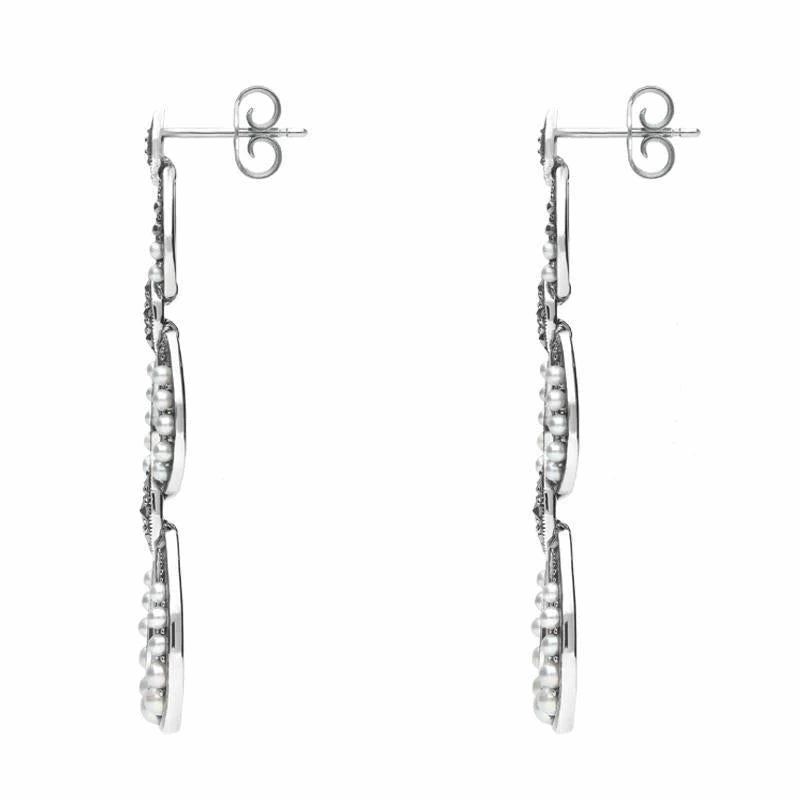 Sterling Silver Pearl and Marcasite Triple Open Oval Drop Earrings