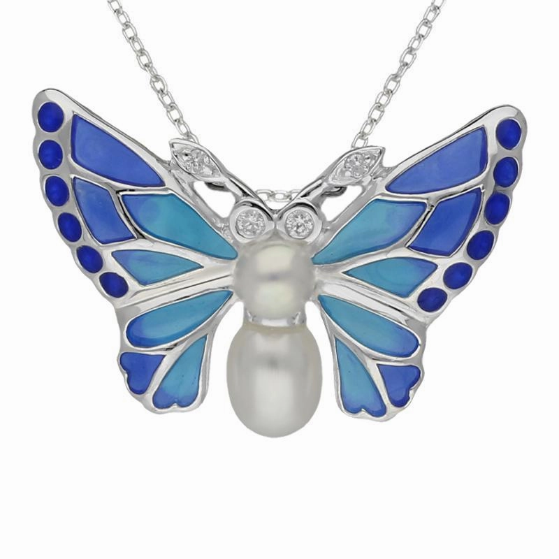 Sterling Silver Pearl Diamond Enamel Style & Fashion Blue Butterfly Necklace D