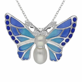 Sterling Silver Pearl Diamond Enamel Style & Fashion Blue Butterfly Necklace D