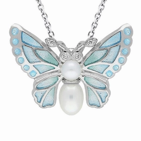 Sterling Silver Pearl Diamond Enamel Style & Fashion Butterfly Necklace