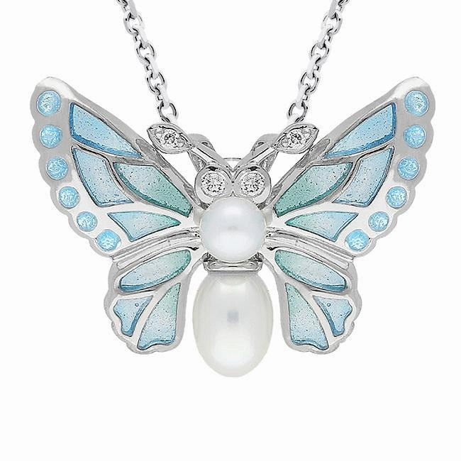 Sterling Silver Pearl Diamond Enamel Style & Fashion Butterfly Necklace