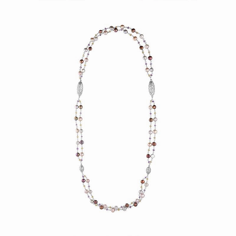 Sterling Silver Pearl Double Chain Beaded Necklace D