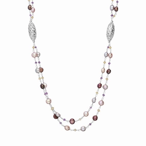 Sterling Silver Pearl Double Chain Beaded Necklace D