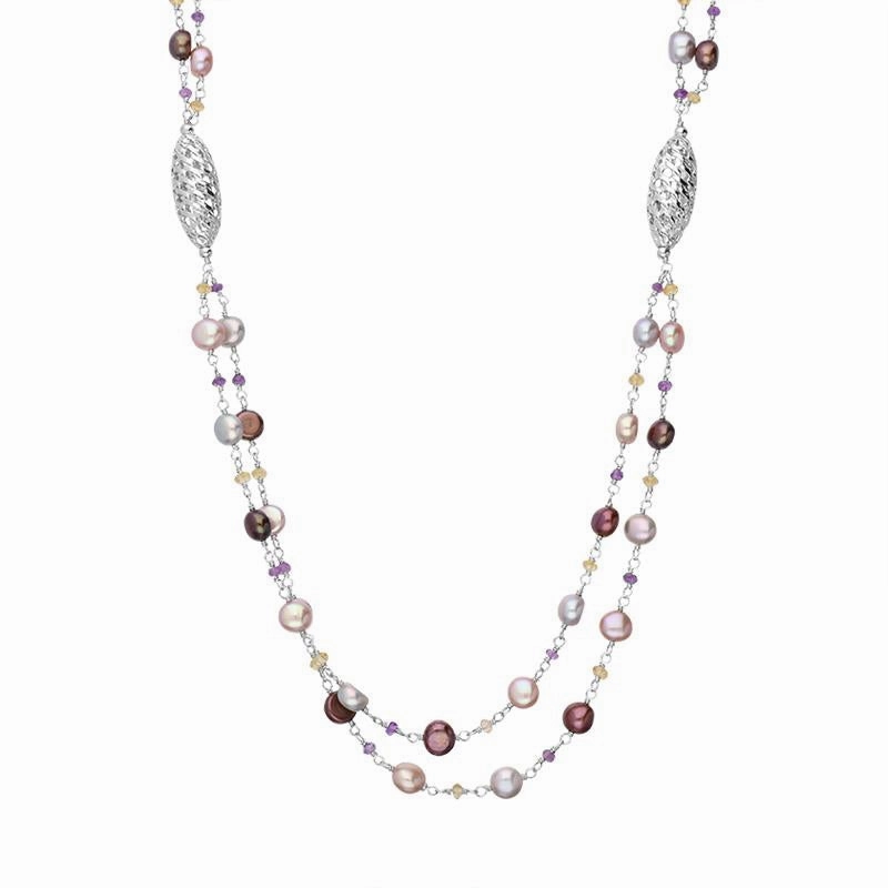 Sterling Silver Pearl Double Chain Beaded Necklace D