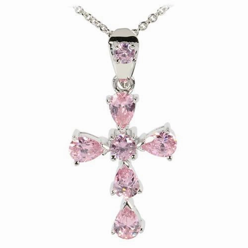 Sterling Silver Pink CZ Cross Pendant (Chain Sold Separately)