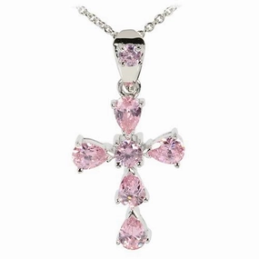 Sterling Silver Pink CZ Cross Pendant (Chain Sold Separately)