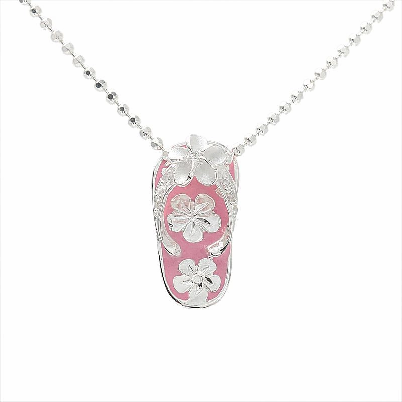Sterling Silver Pink Enamel Slipper CZ Strap and Plumeria Pendant (Chain Sold Separately)
