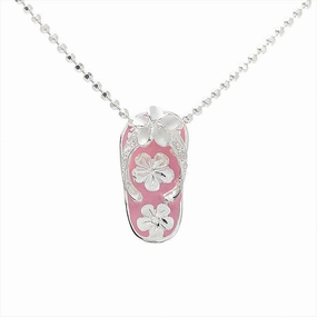 Sterling Silver Pink Enamel Slipper CZ Strap and Plumeria Pendant (Chain Sold Separately)
