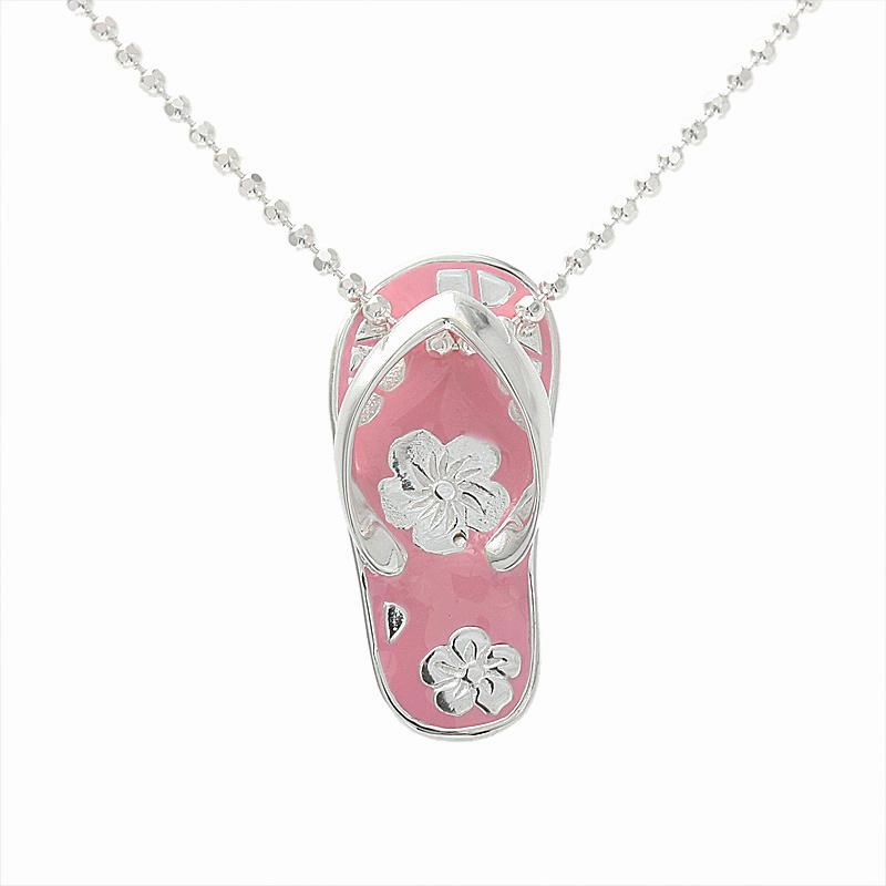 Sterling Silver Pink Enamel Slipper with Hibiscus Pendant (Chain Sold Separately)